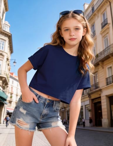 Image of Girls Crop Tops Short Sleeve T-Shirts for Girl Crew-Neck Basic Tee