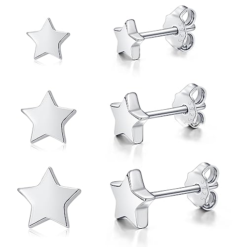 Loutade Silver Stud Earrings for Women, 3 Pairs 925 Sterling Silver Star Stud Earrings Set, 4/5 / 6mm Hypoallergenic White Flat Star Stud Earrings, Tiny Simple Plain Cartilage Silver Star Earrings
