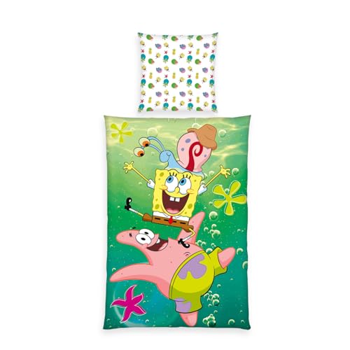 Herding Bettwäsche SpongeBob Schwammkopf, Kopfkissenbezug 80 x 80 cm mit Wende-Motiv, Bettbezug 135 x 200 cm, Mit Reißverschluss, 100%...