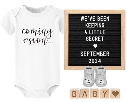 Coming Soon Baby Announcement Ideas, Surprise Pregnancy Announcement for Grandparents Dad Husband Family- Gender Reveal Baby Shower Gifts- Felt Letter Board, Baby Onesie, Baby Booties, Wooden Blocks