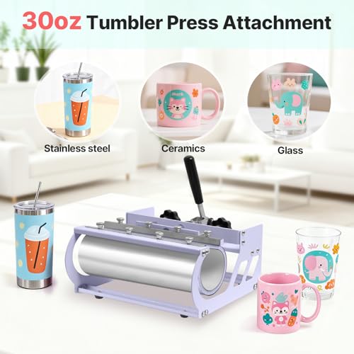 Slendor Heat Press 15x15 Inch 5 in 1 Heat Press Machine with 30OZ Tumbler 360-Degree Swing Away Digital Multifunction Heat Transfer Sublimation Combo for T Shirts Mugs Hat Plate Cap, Lavender by Slendor - Image 4