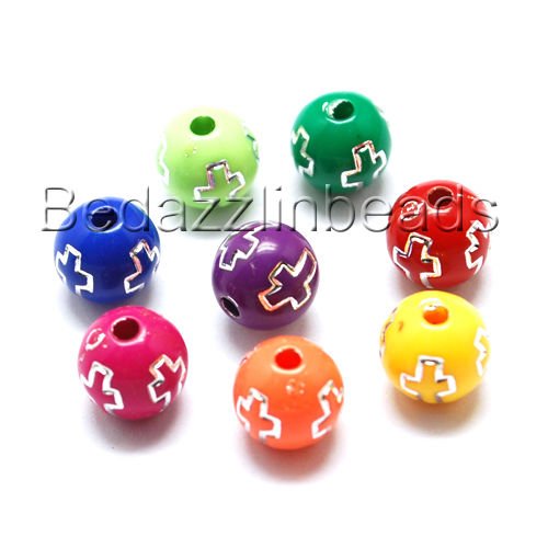 200 cuentas acrílicas redondas de plástico de 8 mm de colores surtidos con acento de cruz plateada