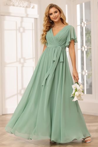 Raseal Flutter Sleeve Chiffon Bridesmaid Dress Long with Pockets V Neck Pleated Formal Dress for Women RS0372