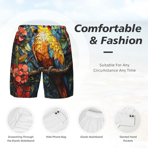 Mens Swim Trunks Bathing Suit Quick Dry Board Shorts Pockets, Parrot Stained Glass Art4