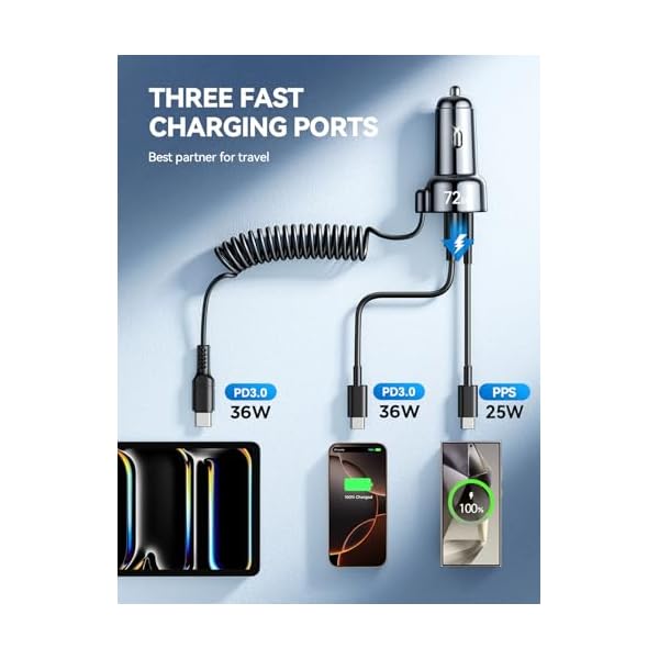 72W Car Charger USB C for iPhone 17/16, 36W Super Fast Charging Type C Coiled Cable for iPhone 17/16 Pro Max Plus/Samsung S25/S24/S23/Pixel 10 Car Phone Charger Adapter for Pixel/Android, iPad Pro