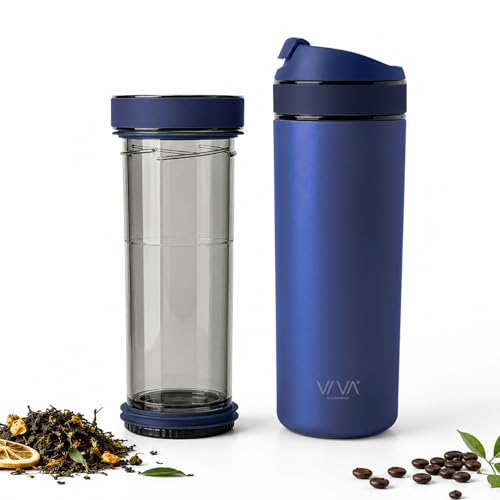 VIVA Recharge Tea Infuser Bottle, 16 oz Insulated Stainless Steel Travel Tea Tumbler with Infuser for Loose Leaf, Hot & Cold Tea & Coffee, Patented Steep Control, Leak-Resistant Lid - Blue