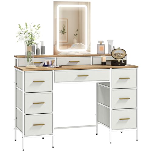 HOMCOM Coiffeuse avec Miroir et lumières LED 3 Couleurs, Table de Maquillage avec 10 tiroirs en Tissu, Pieds en Acier, Style Moderne, 118,5 x 39,5 x 140 cm,...