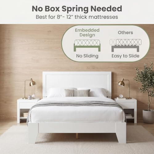 Image of GIANTEX Full Size Wooden Bed Frame with Headboard, Wood Slat Support