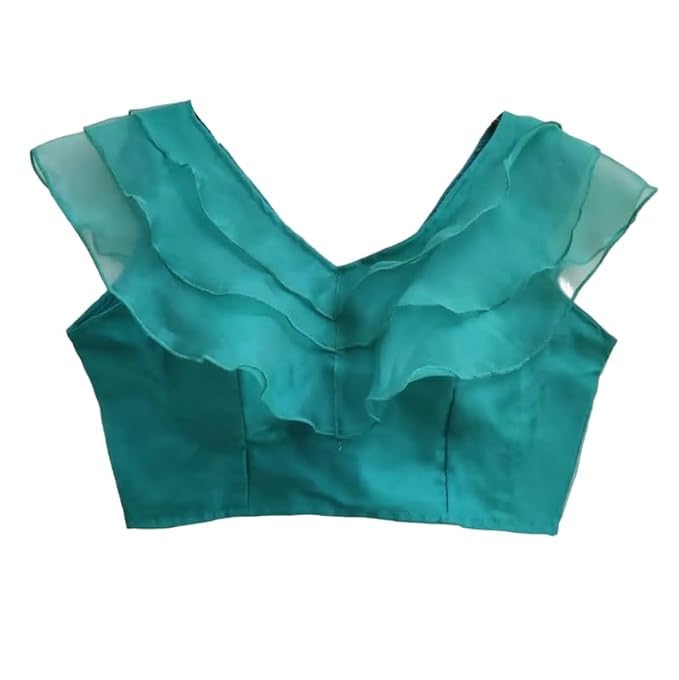 Image of Pujia Mills Women's V Neck Orgenza Three Layer Ruffle Sleeve Frill Readymade Saree Blouse