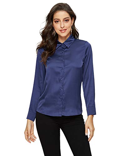 Escalier Women's Satin Silky Blouse Solid Long Sleeve Button Down Formal Work Shirt Navy M