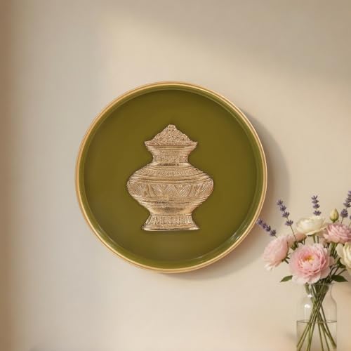 Image of BEHOMA Kalash Metal Wall Plate Olive Green & Gold 8.4 inch