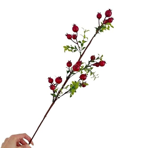 JUAKSQZYI Fake Flowers 3PCS Artificial Pomegranate Stems with Leaves Faux Fruit Branches for Rustic Home Décor Wedding Arrangements