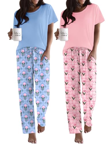 Image of Ekouaer 2 Pack Pajamas for Women Set Short Sleeve Pj Top and Printed Pants | Soft PJs Cozy Printed Lounge Sets Comfy Sleepwear with Pockets