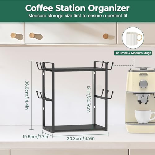 EsLuker.ly 2 Tier Coffee Bar Organiser for Home Office, Multi-functional Countertop Mug Holder Display Stand Rack, Coffee Station Accessory Storage Shelf with 12 Hooks, Black - Image 2