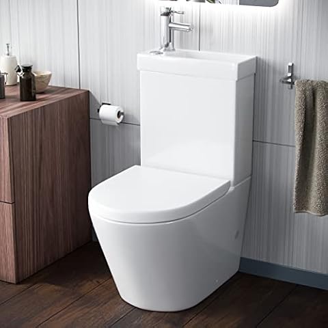 Pilton 2 in 1 Close Coupled Two Piece Ceramic Toilet with Sink On Top - Rimless WC Pan with Cistern and Soft Close Seat and Mixer tap Cover