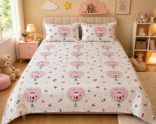 Image of Queen Size Bedsheet and Pillow Case Set - 3 Piece Super Soft Cotton Printed Bed Sheet, Cute Girly Floral & Bunny Pattern, Lightweight & Breathable (Queen, 90 inch x 100 inch)