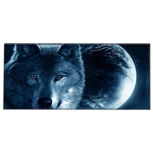 Silent Monsters Musmatta XXL 90 x 40 cm, sydda kanter, Musmattor i tyg halkfri och tyst, Varg, gaming, kontor, hemmakontor - tvättbar, rullbar - kantsöm