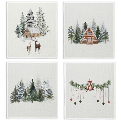 LARTSFRO Christmas Tree Winter Swedish Dishcloths for Kitchen Swedish Dish Cloths for Christmas Deer Papaya Reusable Paper Towels 4 Pack Dish Towels for Kitchen Reusable Paper Towels Washable