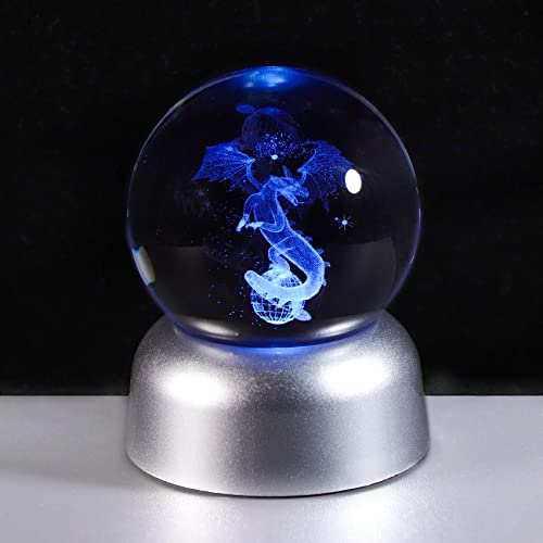 Boule de cristal de 6 cm gravée dragon gothique 3D avec base LED ronde Cover