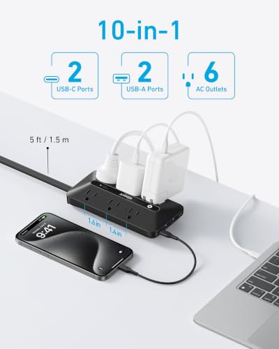 Anker Power Strip with 300J Surge Protector, 5ft Outlet Extender, 20W, 6AC - image 3