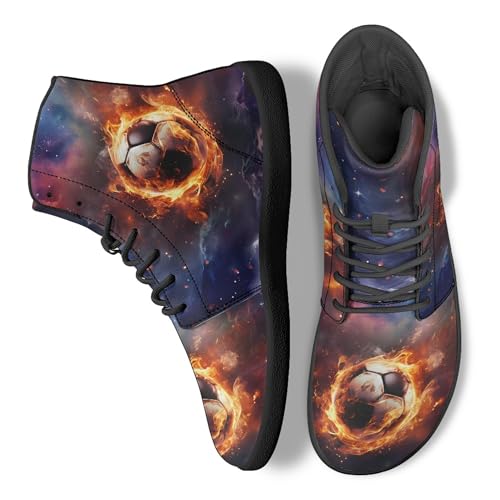 Arleeorkee Fire Soccer Galaxy Print PU Leather High Top Sneakers for Men Teens Comfortable Barefoot Shoes