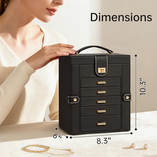 AKOZLIN Jewelry Box Organizer Functional Leather Jewelry Storage Case for Women Girls Ring Necklace Earring Bracelet Holder Organizer with Mirror Black - Image 3