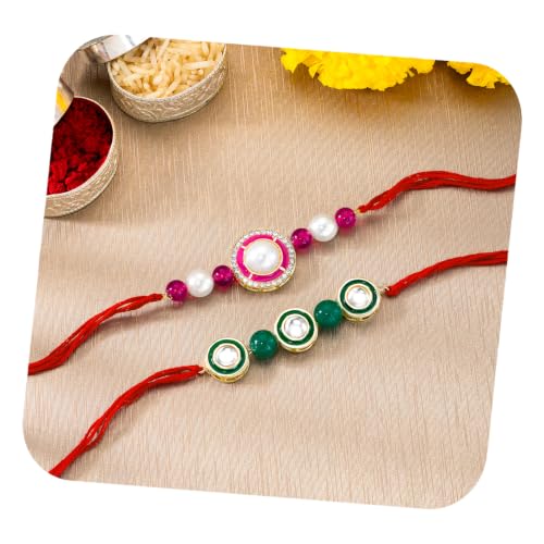 Image of Peora Rakhshabandhan Thread Rakhi for Brother Bhaiya | Kundan Beads & Crystal Studded | Combo Set of 2 | Rakhi Hamper Roli Chawal & Greeting Card