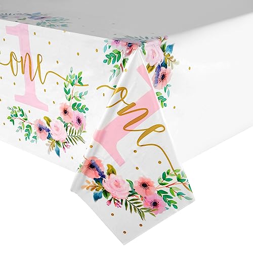Image of BLUE PANDA 3 Pack Floral Plastic Tablecloth for Baby Girl's 1st Birthday Party Supplies (54 x 108 in)
