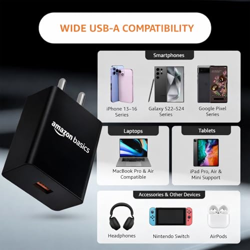 Image of Amazon Basics 18W Quick Charge 3.0 Wall Charger | USB Port | BIS Certified | Fast Mobile Charger for Android, TWS, Headphones & Power Banks, Black
