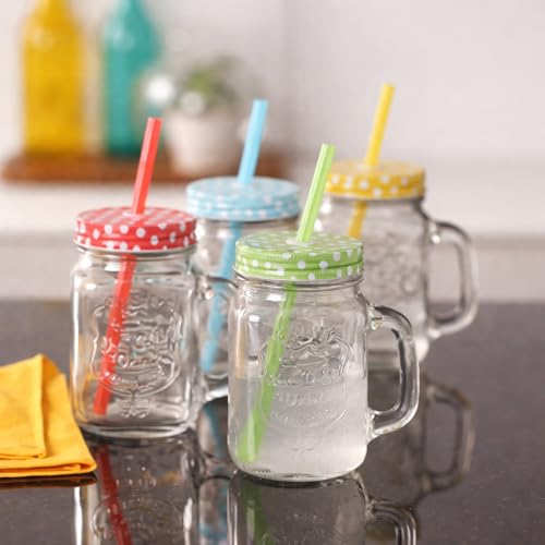 Image of (Pack of 1 Glass Jar with Lid Straw and Handle Coffee Tea Milk Mug for Home Office and Traveling Espresso Chocolate & Beverage, Mocha, Cappuccino, Shake, Juice Mug 400ML (Mason Jar)