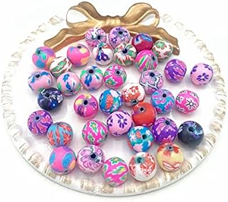 100pcs 8mm Colorful Craft Beads Round Polymer Clay Beadsfor Jewelry Making Round Clay Beads Bulk Assorted Pattern Handmade Loose Beads for DIY Bracelets Making