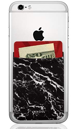 Vandel Pocket: Stick On Fabric Cell Phone Wallet | Credit Card Holder for Back of Smartphone Case | Stretchy Fabric Adhesive Sleeve Compatible with All Devices | Black Marble