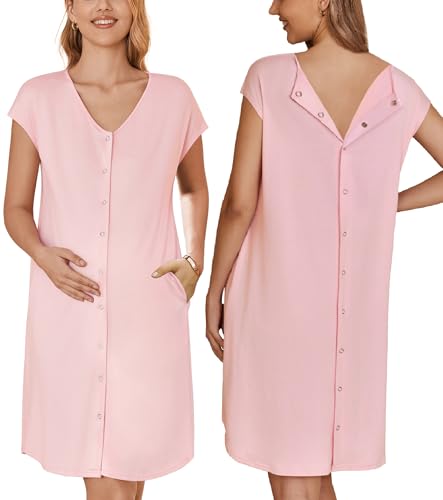 Image of Ekouaer Labor/Delivery/Hospital Gown Nursing Nightgown Maternity Sleepwear With Pockets Postpartum Gowns with Button S-XXL