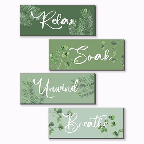 ONIZHITY 4 Pcs Sage Green Bathroom Wall Decors Relax Soak Unwind Breathe Wooden Word Sign Rustic Sage Bathroom Accessories For Bedroom Living Room Office Decorations(Green 10X4 Inch)