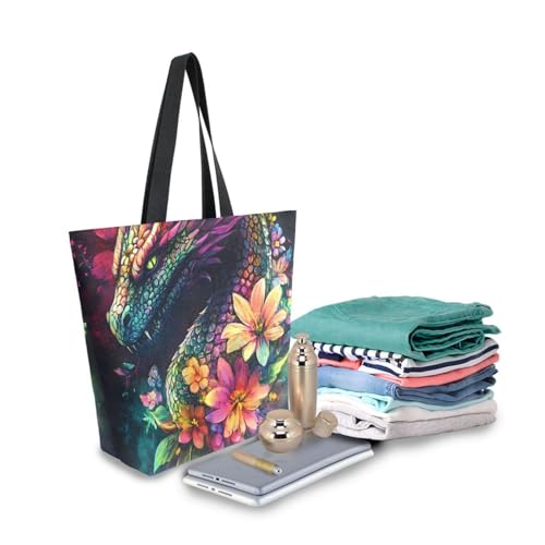 Extra Large Shoulder Tote Bag for Beach Travel Weekender Gym Colorful Dragon Flowers Reusable Grocery Canvas Shopping Bag3