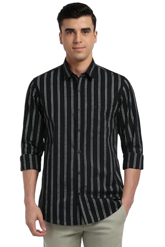 Image of Peter England Men's Cotton Slim Fit Distant Striped Casual Shirt | Full Sleeves, Office Wear