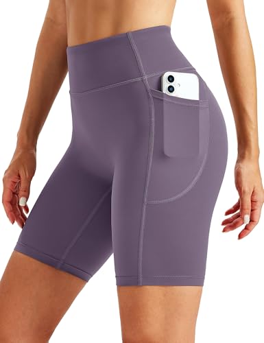 MAGCOMSEN Biker Shorts Women 8 Tummy Control No Front Seam Spandex Shorts with Pockets High Waisted Yoga Workout Gym Purple M