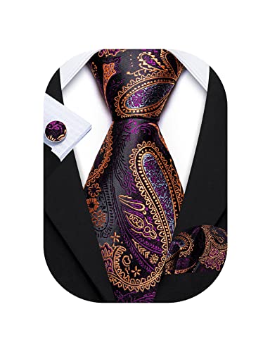 Barry.Wang Men Ties Paisley Woven Silk Necktie Set with Pocket Suqare Cufflinks Formal
