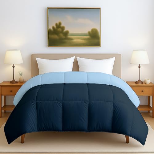 Image of Bed Comforter - Double Size - Navy Blue & Light Blue - 300 GSM Quilt Blanket Rajai - Winter Warm Down Alternative Duvet Insert with Corner Ties
