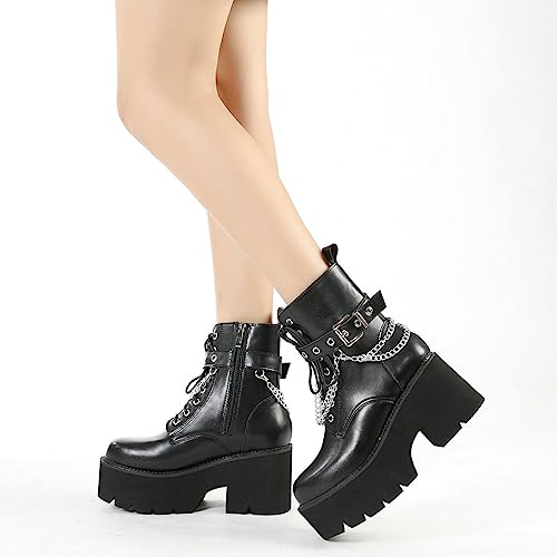 Image of Parisuit Womens Goth Patent Ankle Boots Platform Chunky Combat Boots