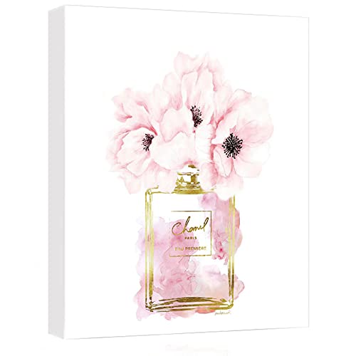 Canvas Wall Art Glam Perfume Chanel Pictures Wall Decor Pink Flowers And Gold Canvas Wall Art Girl Home Decor For Bedroom Wall Bathroom Set Room Decor