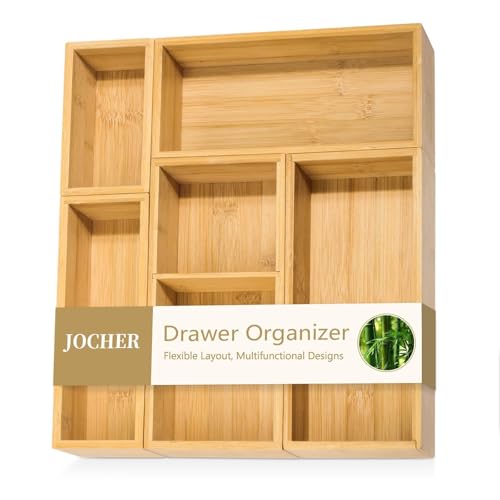 JOCHER 5 PCS Bamboo Drawer Organizer, Multi-Use Wooden Drawer Organizer, Junk Drawer Organizer Kitchen for Bathroom, Makeup Desk, Office Desk, Jewelry, Utensils, Tea Drawer
