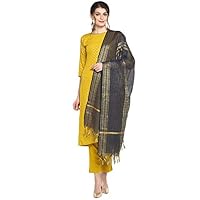 Janasya Women’s Mustard Poly Crepe Gold Print Kurta with Pant and Dupatta