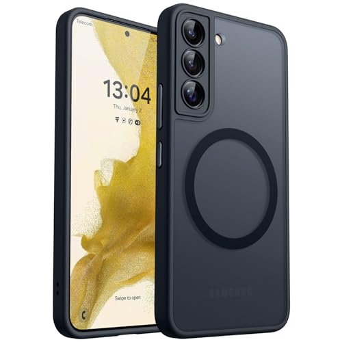 Image of CANSHN Designed for Samsung Galaxy S22 Case [Full Camera Protection] [Compatible with MagSafe] Translucent Matte Shockproof Protective Phone Cover 6.1 Inch - Black