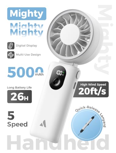 Image of Aecooly Mighty Portable Handheld Fan | 26H Max Cooling Time | 3 Flexible Modes | 5 Speeds Wind | Battery Level Display | USB Rechargeable Mini Personal Battery Powered, Gifts for Women, Travel -White