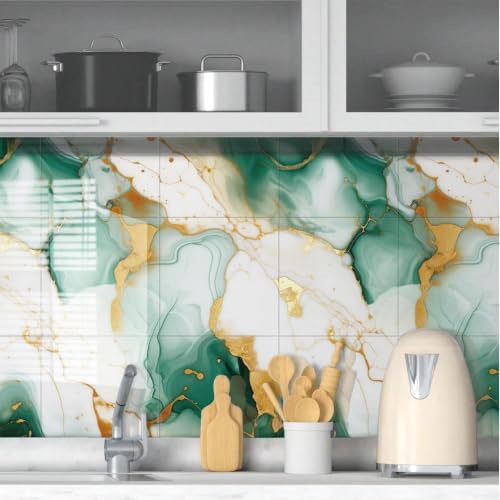 Image of OCEANSKY Green & Gold Abstract Marble UV Panels, Pack of 8