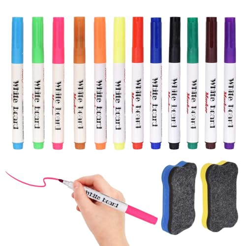 12 Colores Marcadores para Pizarra Blanca, Marcadores Lavables con 2 Borradores Magnéticos, Rotuladores para Pizarra Blanca Escritura Suave, Ideales para Reuniones, Clases y Garabatos Creativos 🔥