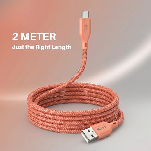 Image of PHILIPS DLC4160AR /94 18W Type-A to Type-C Fast Charging Cable (2m, Coral Reef) | Nylon Braided | Compatible with iPhone 15+ Series, USB-C iPad Models, Samsung Galaxy & All Type C Devices