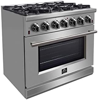 FORNO Massimo Freestanding 36-Inch Full Gas Range and Oven with 6 Italian Sealed Burners Cooktop - 5.36 Cu.Ft. Convection Stainless Steel Oven Includes Cast Iron Accessories