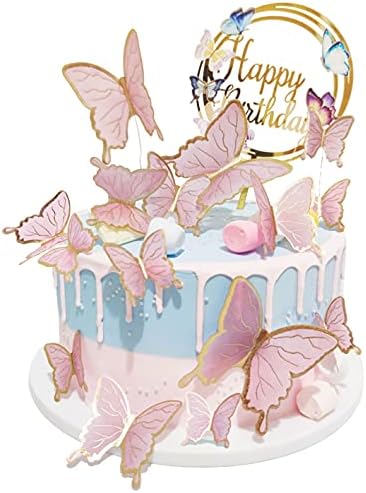 Butterfly Cake Toppers Decorations - 1 Big Happy Birthday Cake Topper & 15Pcs 3D Pink Gold Butterfly Cupcake Toppers - Butterfly Party Supplies for Decorating Baby Shower Girl's Birthday